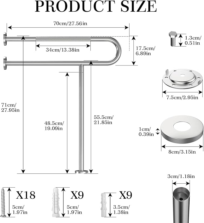 Toilet Grab Bar Support Rail 27.5 Inch, Anti-Slip Knurled Brushed Nickel Safety Bar, Handicap Bathroom Handrails for Elderly Disabled Pregnant, 304 Stainless Steel Wall to Floor