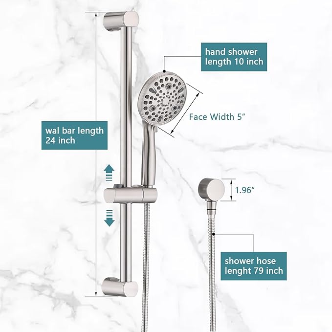 Hand Shower with Slide Bar, High Pressure 10 Setting Handheld Shower Head, Adjustable Height 24" Slide Bar, Wall Supply Elbow and 6.6ft Extra Long Shower Hose - Brushed Nickel