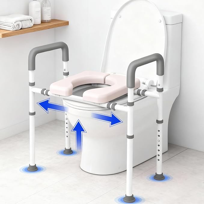 Raised Toilet Seat with Handles - Width & Height Adjustable Toilet Seat Riser for Seniors, Handicap and Disabled, 400lbs Soft Toilet Riser with Handles for Elderly, Pregnant, Fit Any Toilets