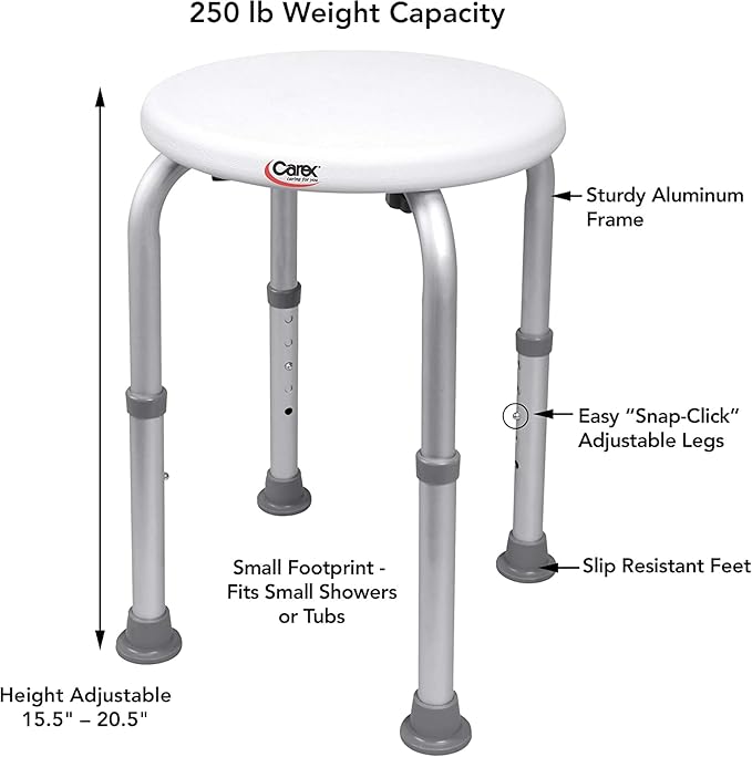 Carex Compact Shower Stool - Adjustable Height Bath Stool and Shower Seat - Aluminum Bath Seat that Supports 250lbs