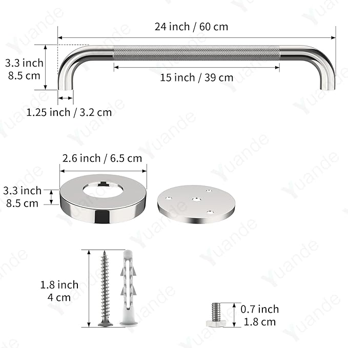 4 Pack 24 Inch Shower Grab Bar, YuanDe Chrome Bathroom Grab Bar Handle w/Anti-Slip Knurled Grip, Stainless Steel Bath Balance Bar,1.25" Diameter Safety Hand Rail Support,Handicap Injury Elderly Senior