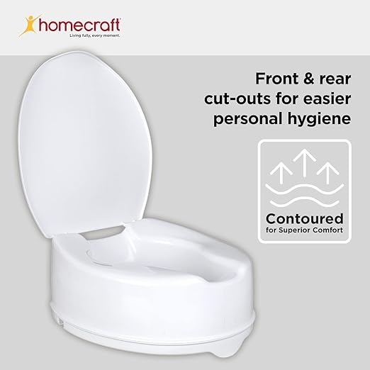 Homecraft Savanah Raised Toilet Seat with Lid, 6" Elevated Seat for Seniors, Universal Fit for Most Standard Toilets, Portable & Tool-Free, Seat Riser, Ergonomic Design, White