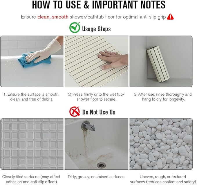 MBOSS Bath Tub Shower Mat Non Slip Bathtub Mats for Bathroom Shower Floor Mat Bath Mats for Shower Tub Anti Slip Shower Mat with Drain Hole and Large Suction Cups (Ivory White, 37.5 X 15.7 Inch)
