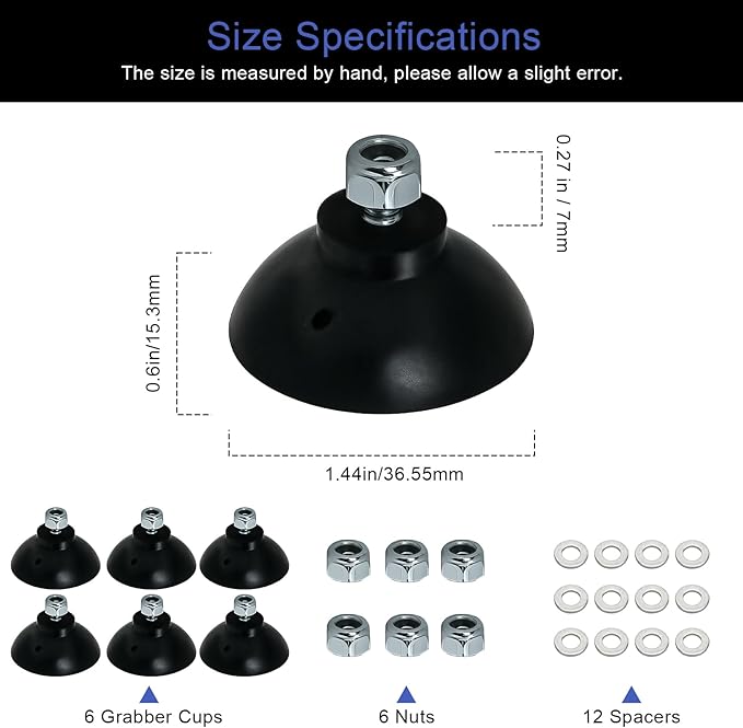 Grabber Tool Reacher Rubber Suction Cups, Replacement Gripper Cups Tips Part for Repair, Outdoor Long Reach Pick up Gripper Parts for Arcmate Ez Heavy Duty Pickers, Rubber Cups with Locknuts (6 Cups)