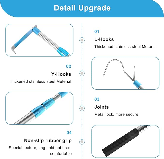 6.3 Ft Truck Cargo Grabber Reach Retriever Tool, Expandable Heavy Duty Stainless Steel Truck Telescoping Pull Pole with Two Hooks for PickupTruck SUV Boat Accessories