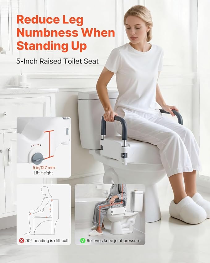 VEVOR Raised Toilet Seat with Arms, 300 lbs Load Capacity, 5-Inch Lift Height, Widened Commode Elevated Toilet Seat Riser with Padded Handles for Seniors, Elderly, Handicap, Disabled, and Adults Use