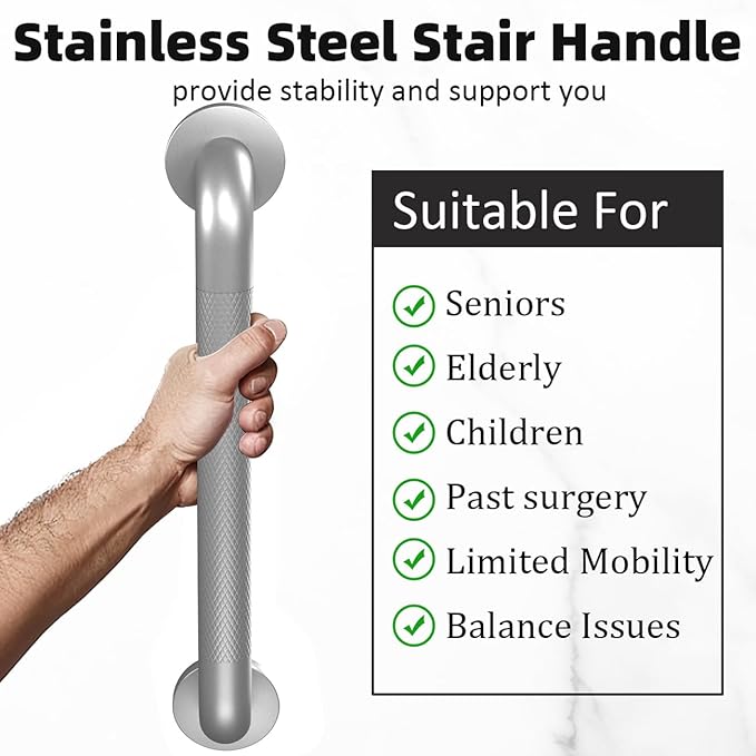 Metal Industrial Stairs Grab Wall Handrail Staircase Steps Indoor Exterior Outdoor Deck Hand Rail Safety Grab Bar Handle for Stairs Bars Wall Elderly Grab Frame Pipe (12 Inch 2 Pack Anti-Slip Silver)