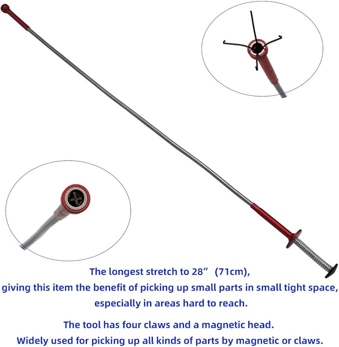 VASTOOLS Flexible Claw Pickup Tool with Magnet,28", 2-in-1 Magnetic Pickup Tool, 4-Finger Claw, Rustless Flexible and Stiff Shaft, User-friendly, Versatile