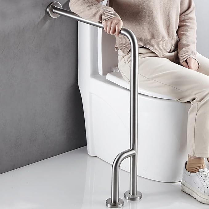 Shower Handicap Grab Bars for Bathroom Wall, Curved Stainless Steel Toilet Grab Bar Toilet with Legs,Wall Mounted Floor-Standing Safety Handrail, Support Handle for Seniors Disabled, 55×70cm Left