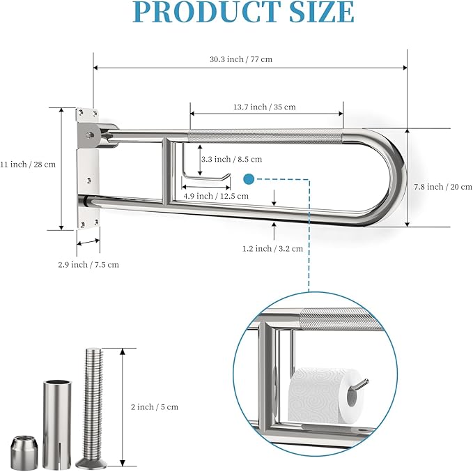 Toilet Grab Bar 30.3 Inch Chrome, Munzong Anti-Slip Handicap Grab Bars with Paper Holder, Flip-Up Bathroom Safety Rails, Stainless Steel Knurled Support handrails for Seniors Elderly Disabled Pregnant