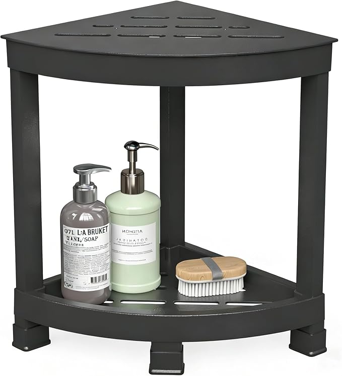 GallopFun Corner Shower Stool for Inside Shower, Waterproof Shower Bench for Shaving Legs, Plastic Anti-Fracture Shower Seat/Foot Rest with Baffle Storage Shelf, Rapid Assembly DIY Shelf (Black)