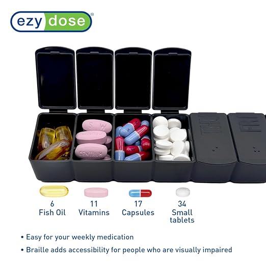 EZY DOSE Weekly (7-Day) Daily Pill Case, Embossed Matte Pill Case, Daily Medicine & Vitamin Organizer Box, Large Easy-Open Compartments, BPA-Free Medication Planner for Home & Travel, Black