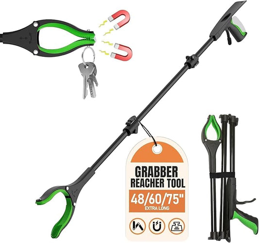 Extra Long Grabber Reacher Tool, 60" Aluminum Foldable Reacher Grabber, Dual Magnetic Tip Pickup Grabber Trash Picker, Strong Grip Aid for Upper Shelves, Elderly, Surgery Recovery Must Have