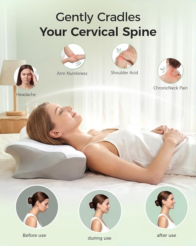 Cervical Memory Foam Pillow for Neck Pain Relief, Ergonomic Contour Pillow for Side, Back and Stomach Sleepers, Cooling Removable Breathable Pillowcase, Dual-Height Design