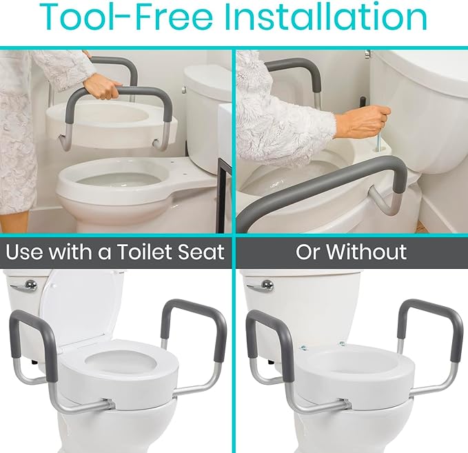 Vive Raised Toilet Seat Riser for Seniors (with Handles) - Handicap Rail Grab Bar Seat for Over Toilet - Elevated Safety for Elderly, Disabled, Medical - Standard