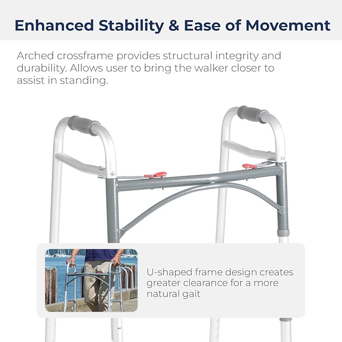 Drive Medical 2-Button Standard Foldable Walker for Seniors & Adults - Adjustable Legs - Lightweight Aluminum Construction - 350 Lb Weight Capacity - Basic Walking Aid - Silver