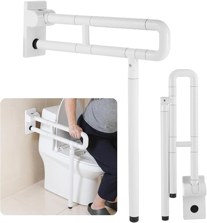Toilet Safety Rail – Non-Slip Bathroom Grab Bar for Elderly, Disabled & Seniors – Stainless Steel Support Handrail with Non-Slip Grip & Support Leg（White）