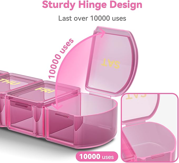 Large Pill Organizer Weekly - SHIJOINYU 7 Day Pill Box with Easy-Open Design, Daily Medicine Pill Organizer for Vitamins, Supplements, Fish Oils and Medications - Pink