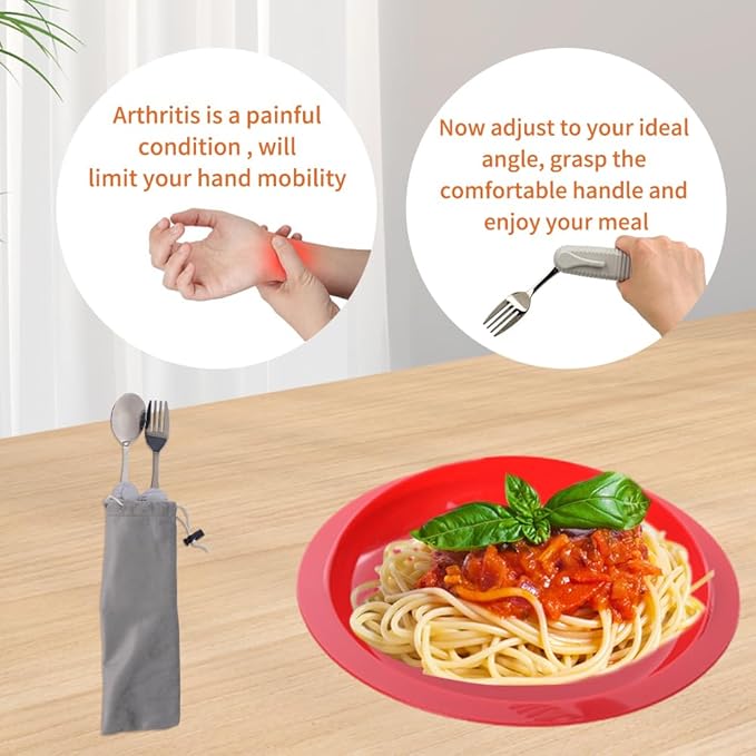 Pekokavo Adaptive Utensils Set, Angle Adjustable Arthritis Aid Silverware for Parkinsons, Hand Tremors, with Non-Slip Easy Grip Handle (2 Count (Spoon + Fork))