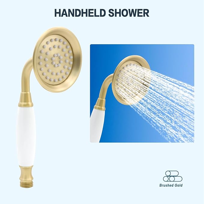 ENGA Vintage Hand-held Shower Rain Sprayer Telephone Shaped Ceramic Shower Head with 59 Inch Hose for Bathroom, Brushed Gold