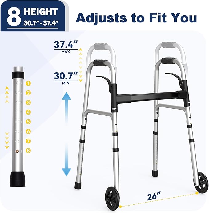 Folding Walkers for Seniors with 2 Skis and 5" Wheels, Lightweight Adult Rolling Walker, Supports Up to 350 Pounds, Adjustable Height, Aluminum Standard Walker, Silver