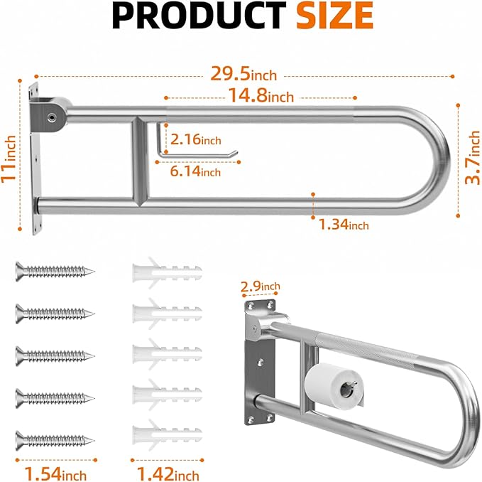 SPECILITE Heavy Duty Toilet Grab Bar 29.5 in, 440 Lbs Load Capacity, Anti-Slip Flip up Handicap Safety Rails for Shower, Wall Mount Support Handrails with Paper Holder, for Elderly, Disabled, Pregnant