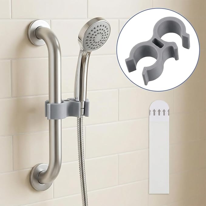 2Pcs Shower Head Holder for Shower Chair, Handheld Shower Clip Tube Clamp Bracket, with 4 Double-Sided Adhesive Pieces for Bath Seat, Transfer Bench, Bath Stool, Shower Commode