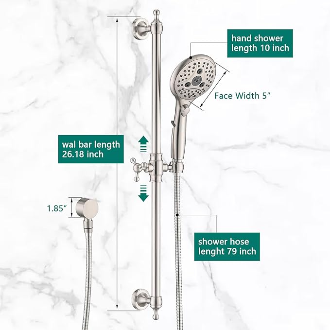Handheld Shower Head with Slide Bar Combo, 6 Settings Handheld Shower with ON/OFF Pause Switch, Adjustable Height 27.5" Long Slide Bar, Wall Supply Elbow and 6.6ft Shower Hose, Brushed Nickel