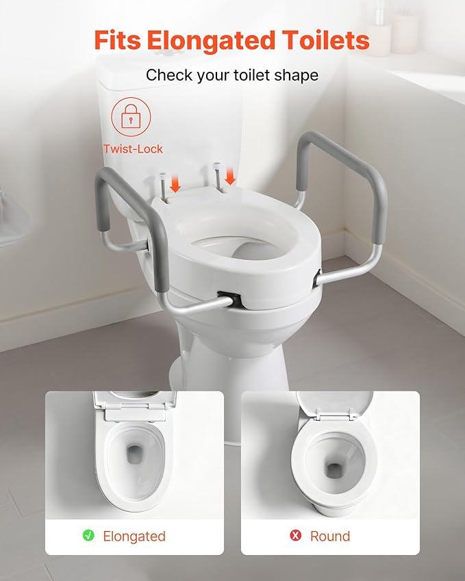 VEVOR Raised Toilet Seat with Arms, 300 lbs Load Capacity, 3.5-Inch Lift Height, Widened Commode Elevated Toilet Seat Riser with Padded Handles for Seniors, Elderly, Handicap, Disabled, and Adults