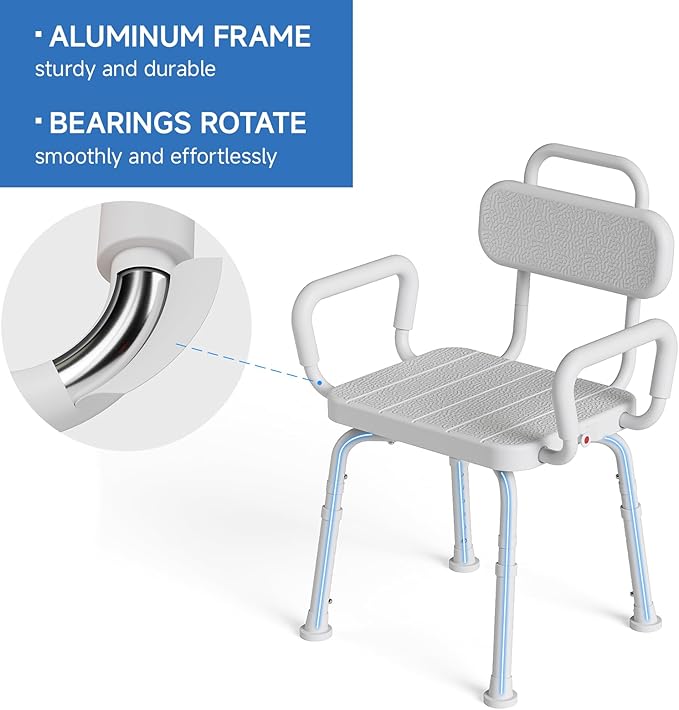 Loyoda 360° Swivel Shower Chair for Inside Shower, Removable Arms & Back, Adjustable Height Rotating Shower Stool for Seniors and Disabled，Swivel Bath Chair for Inside Tub，Neutral Gray