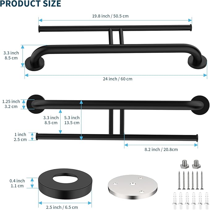 24 Inch Grab Bar w/Double Toilet Paper Roll Holder Black, iHansee Stainless Steel Shower Support Balanced Support Handle, Wall Mounted Safety Handrail Grab Rail for Elderly Senior Handicap Disabled