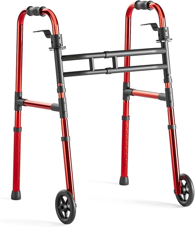 Loyoda Walkers for Seniors Foldable, Aluminum Lightweight Walker with Wheels, Adjustable Height & Width Standard Walkers for Elderly & Disabled, 350 lbs Capacity, Red