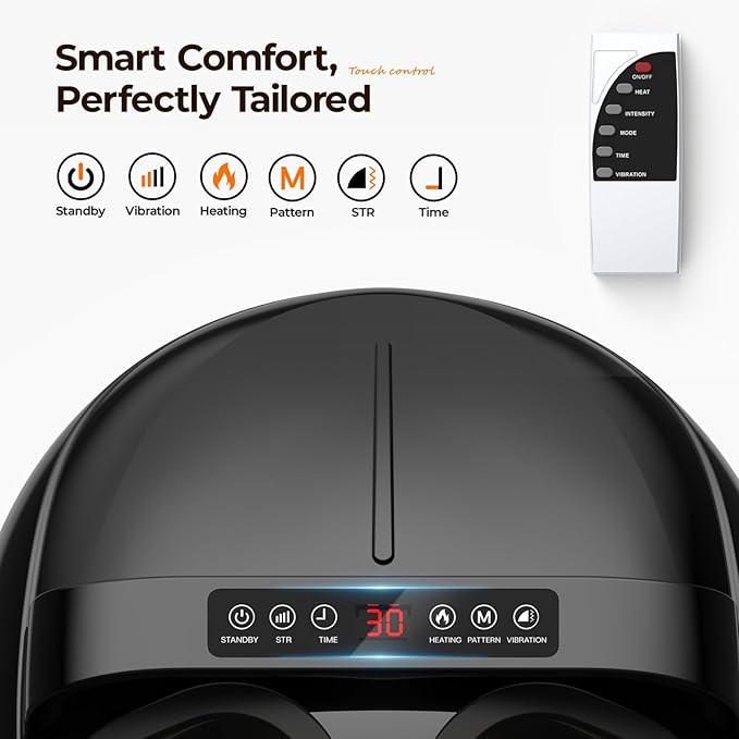 HTM Foot Massager with Heat, 5 Modes & 9-Level Intensity & 3-Speed Vibration, Shiatsu Kneading & Rolling Compression, with Remote & Portable Handle, Fits Up to Men's Size 13, Gift for Women Men