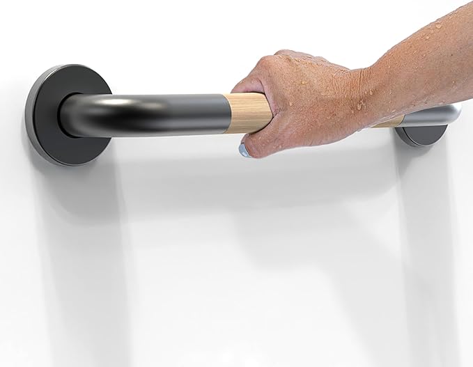 Safety Grab Bar for Bathroom & Toilet, Natural Bamboo Handle, ADA Compliant Balance Assist Handrail for Handicap and Seniors, 16in Matte Black