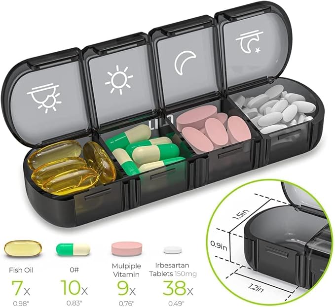 Weekly Pill Organizer 4 Times a Day, Travel Essentials 7 Day Morning and Night Pill Box, Black Daily Am Pm Pill Case for Medication, Vitamins, Fish Oils, Supplements