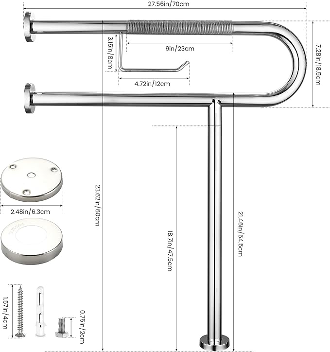 Toilet Grab Bar 24*27.5 Inch, Zynuhmo Anti-Slip U Shaped Support Rail with Paper Holder, SUS304 Stainless Steel Knurled Safety Handrails with Leg for Elderly Disabled Pregnant(1.25'' Dia Tube, Chrome)