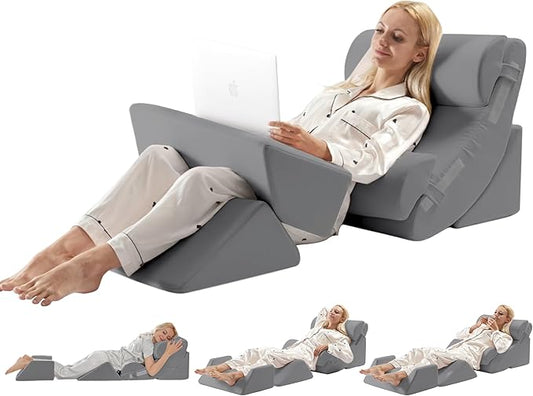 WSOFRLAC 6PCS Multi-Functional Bed Wedge Pillow Kit - 7-in-1 Orthopedic Support for Back/Neck/Legs, Post Surgery Recovery & Sitting Up in Bed, Post Surgery Foam for Body, Grey