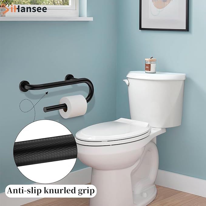 𝐔𝐩𝐠𝐫𝐚𝐝𝐞𝐝 Toilet Grab Bars 16 Inch - Toilet Paper Holder Grab Bar Stainless Steel Knurled Toilet Grab Bars for Seniors Bathtub Bathroom Rails for Elderly Bath Safety Balance Support, Black