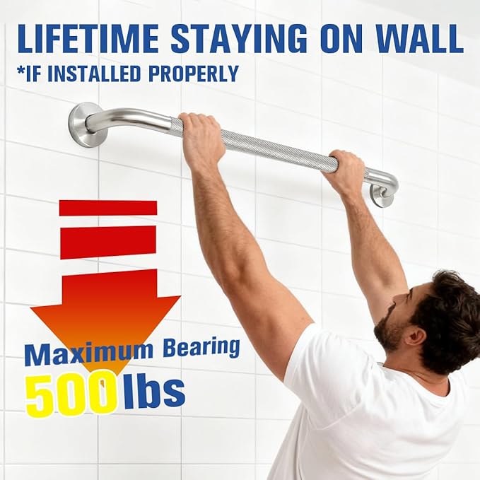16 Inch Stainless Steel Grab Bar for Shower & Bathtub - Anti-Slip Safety Handle with Knurled Grip, Heavy-Duty Bathroom Hand Rail for Elderly Disabled, Secure Mounting Rustproof Easy Installation