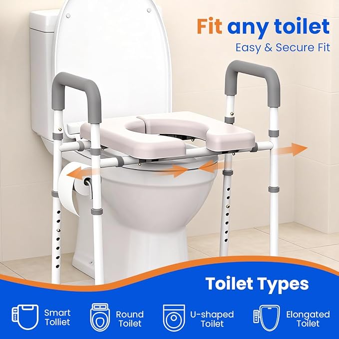 Toilet Seat Risers for Seniors, Raised Toilet Seat with Handles, Adjustable Width & Height Toilet Riser, 400lb Handicap Elevated Toilet Seat for Elderly, Disabled, Fits Any Toilet