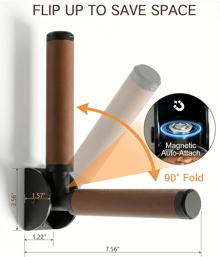 Flip Up Grab Bar for Doorway & Bathroom, Magnetic Folding Safety Handrail for Seniors, 300lbs Wall Mount Assist Handle with Reflective Sticker & Non-Slip Leather Grip, Brown
