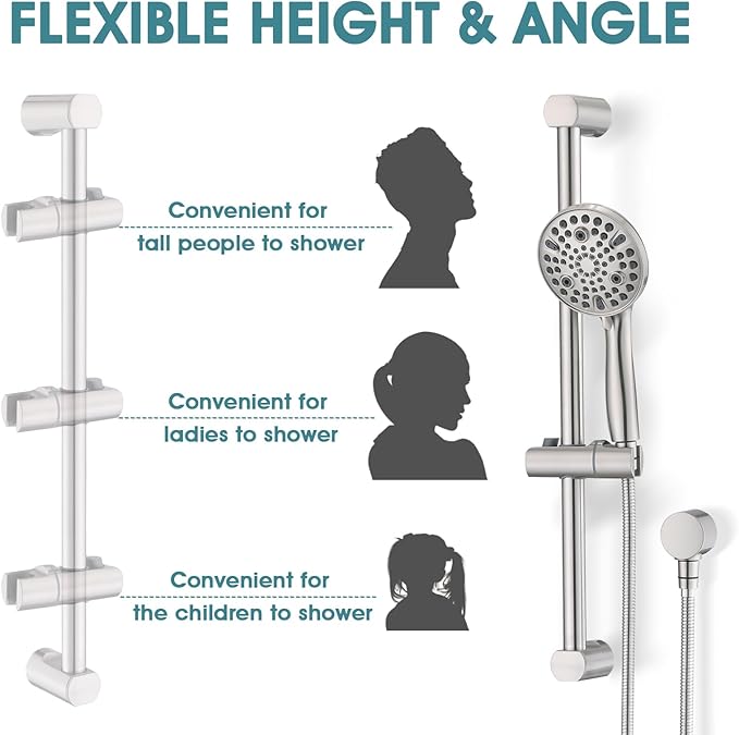 Hand Shower with Slide Bar, High Pressure 10 Setting Handheld Shower Head, Adjustable Height 24" Slide Bar, Wall Supply Elbow and 6.6ft Extra Long Shower Hose - Brushed Nickel