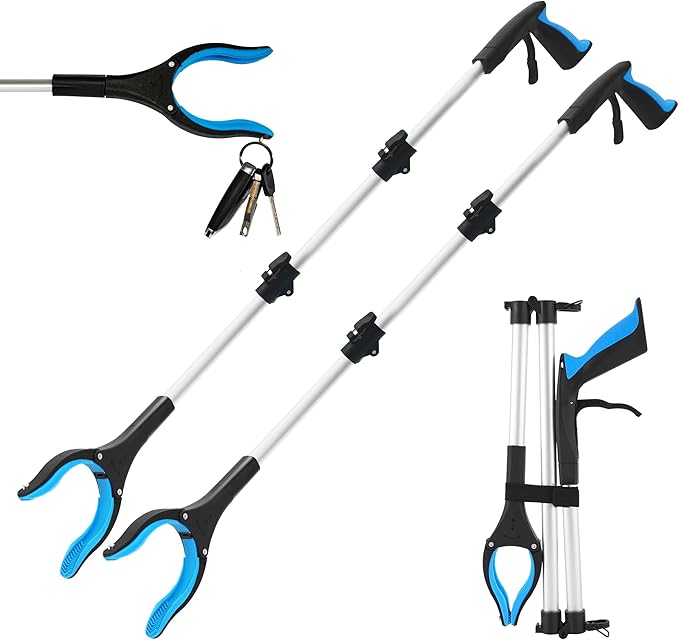 Grabber Reacher Tool for Seniors,43" Foldable Reacher Grabbers Pickup Stick with Anti-Slip 360° Rotating Jaw，with Magnet for Disabled, After Surgery Recovery (Blue, 43inch 2pack)