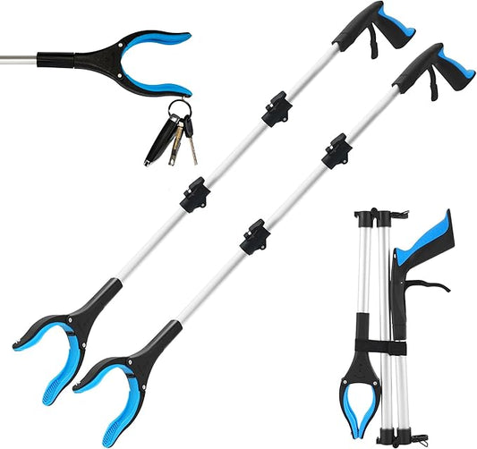 Grabber Reacher Tool for Seniors,43" Foldable Reacher Grabbers Pickup Stick with Anti-Slip 360° Rotating Jaw，with Magnet for Disabled, After Surgery Recovery (Blue, 43inch 2pack)