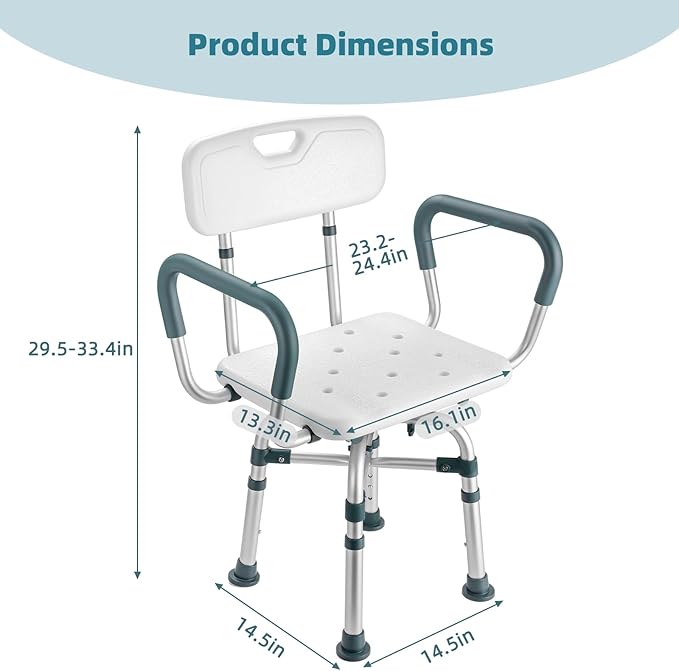 Swivel Shower Chair with Arms and Back, 500 lbs Heavy Duty Shower Stool for Inside Shower Stall and Bathtub, Height Adjustable Rotating Shower Chair & Seat for Elderly, Adults, Handicap and Disabled