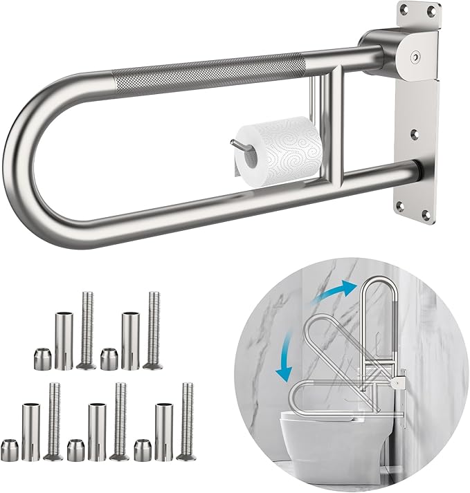 Toilet Grab Bar 22.4 Inch, Munzong Anti-Slip Handicap Grab Bars with Paper Holder, Flip-Up Bathroom Toilet Safety Rails, Stainless Steel Knurled Support handrails for Seniors Elderly Disabled Pregnant