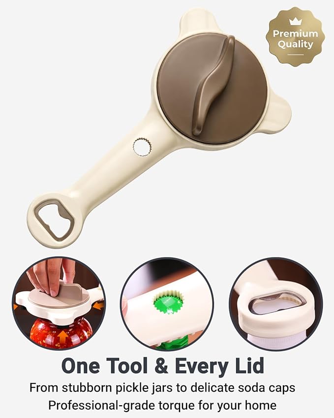 Jar Opener, 4-in-1 Adjustable Jar Openers for Seniors Arthritis Sufferers and Weak Hands, Stainless Steel Can Opener for Jars, Cans, Bottles, Beer Caps, Easy Grip Kitchen Tool (Beige)