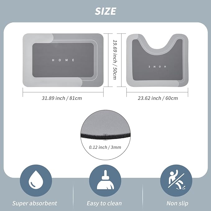 Housego 2PCS Absorbent Bath Mat Magic Rug Sets, Quick Drying Bath Mat Non-Slip Floor Rug Rubber Backed for Bathroom Kitchen Shower Sink, Water Absorbent (19.7''x23.6''+19.7''x31.9'', Dark Gray)