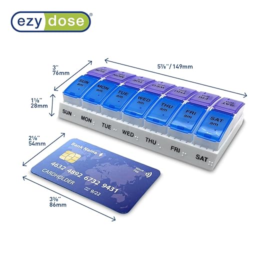 EZY DOSE Weekly, AM/PM Daily Pill Organizer, 7-Day Medicine Planner, Vitamin Container, Small Pop-Out Compartments, 2 Times a Day Pill Holder, Blue and Purple Lids, Travel-Friendly, BPA Free