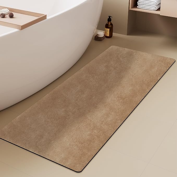 TYUU Bathroom Mat Quick Dry, Bathroom Rugs Non Slip Washable Thin Absorbent Bath Mat Fits Under Door Bathroom Floor Mat Perfect for Bath, Shower, or Sink 17"x59" Camel